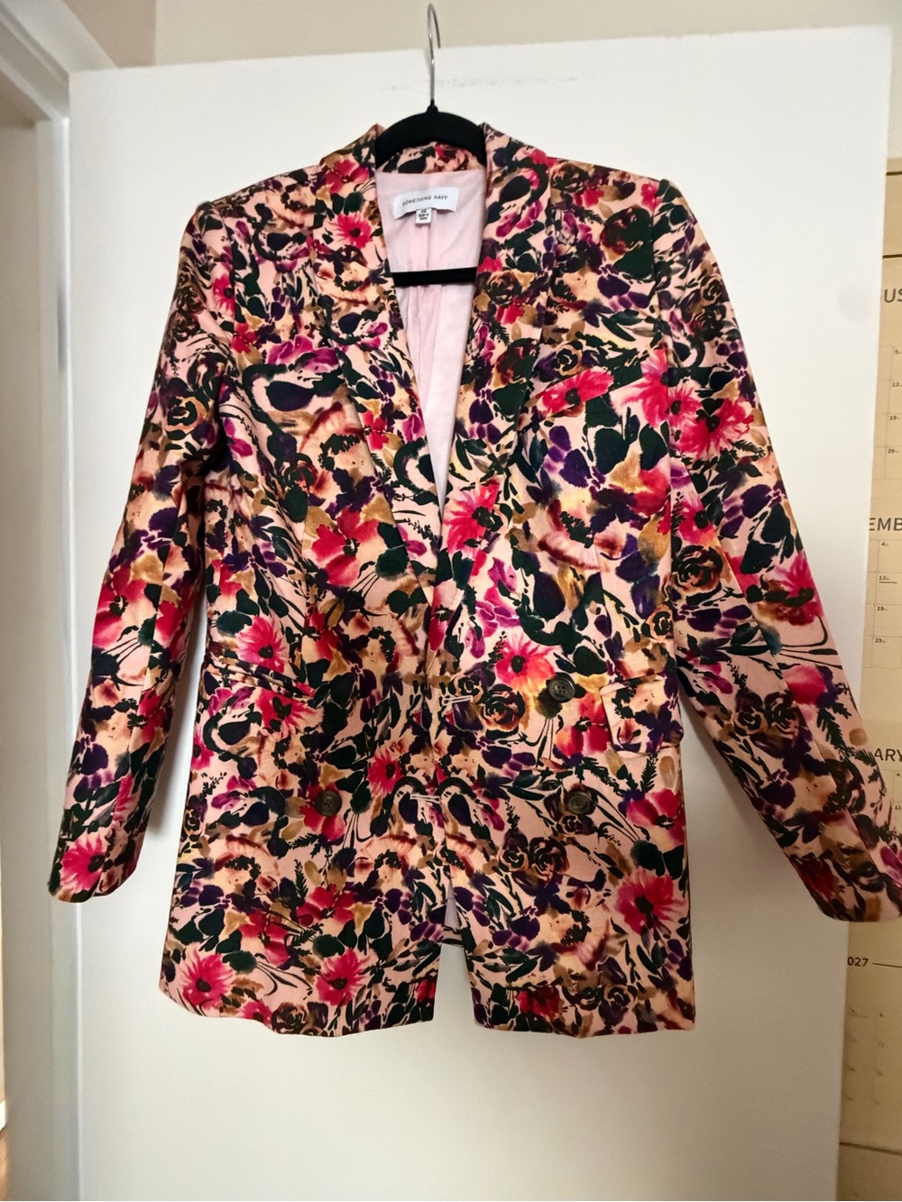Something Navy Floral Satin Blazer Jacket - Pink, Green, Purple
